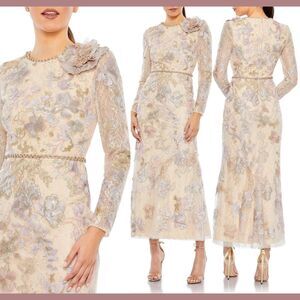 NWT $798 Mac‎ Duggal [ 18 ] 11329 Embellished High Neck Long Sleeve Dress Nude